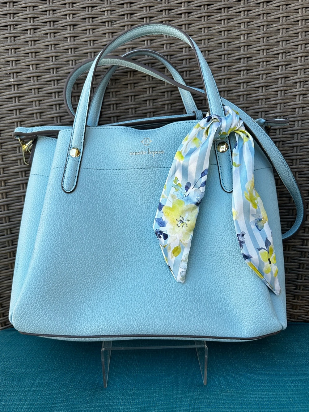 Nanette Lepore Light Blue Pebbled Leather Satchel with Floral Scarf 12X9” Pretty